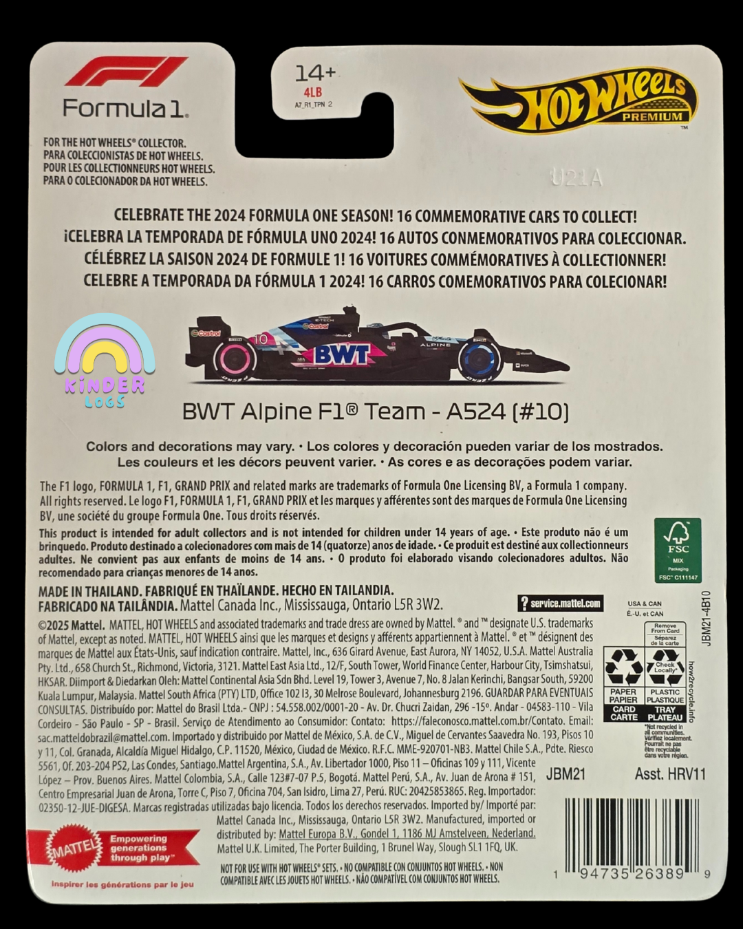 Premium Hot Wheels BWT Alpine F1 Team - A524 (#10) - Imported