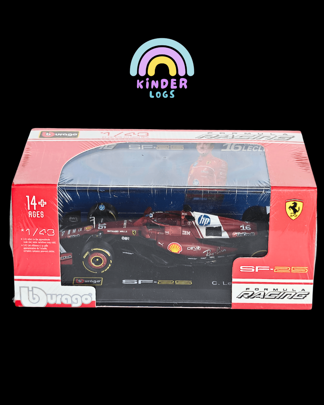 1:43 Bburago Ferrari SF-25 F1 Car - 16 Charles Leclerc (Sealed Box) - Kinder Logs