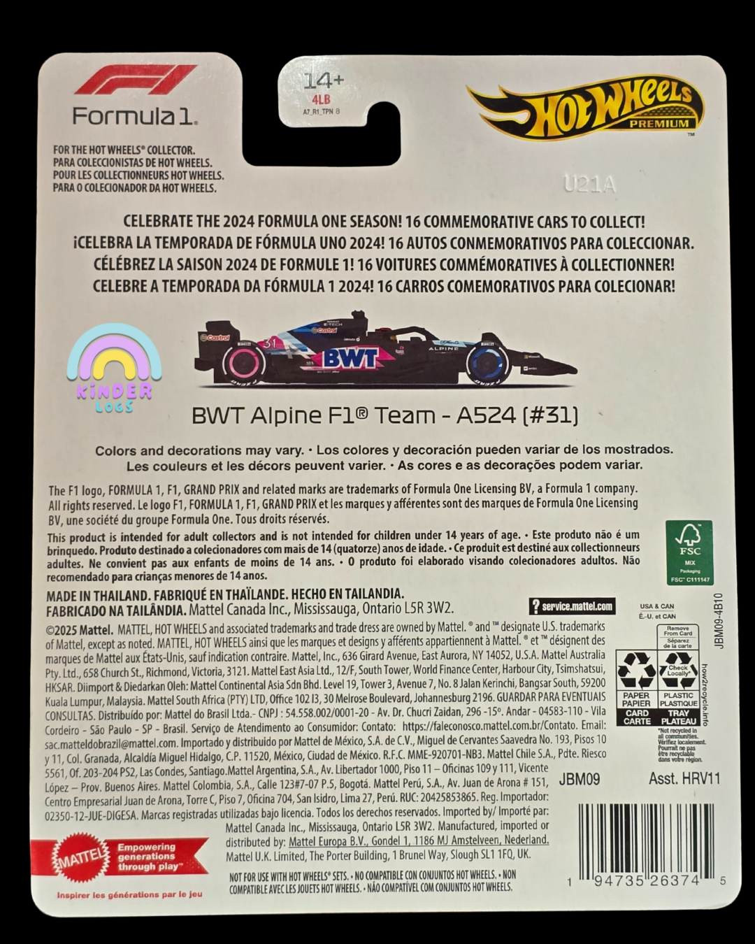 Premium Hot Wheels BWT Alpine F1 Team - A524 (#31) - Imported