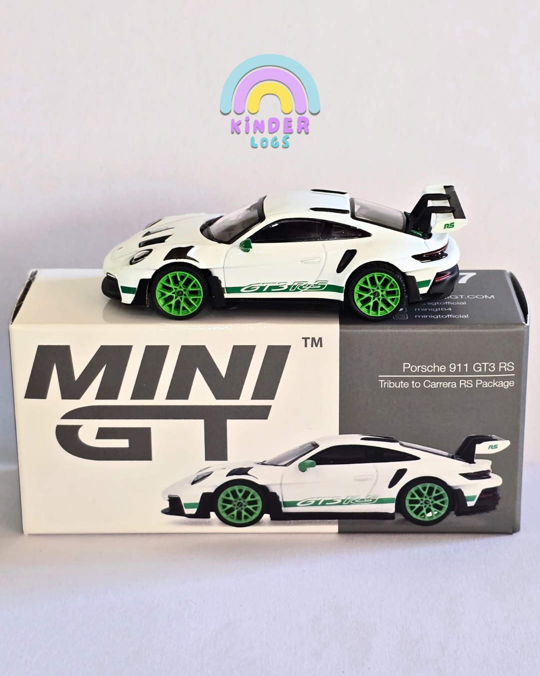 Mini GT Porsche 911 GT3 RS - White With Green Alloys (Open Box)