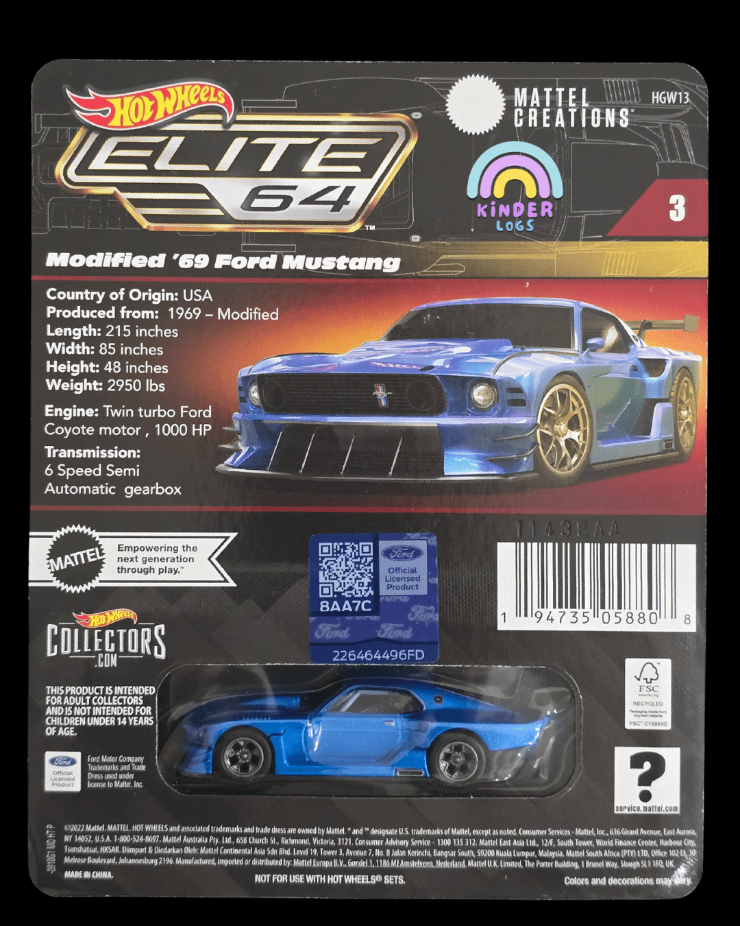 Elite64 Hot Wheels Modified 1969 Ford Mustang (Imported) - Kinder Logs