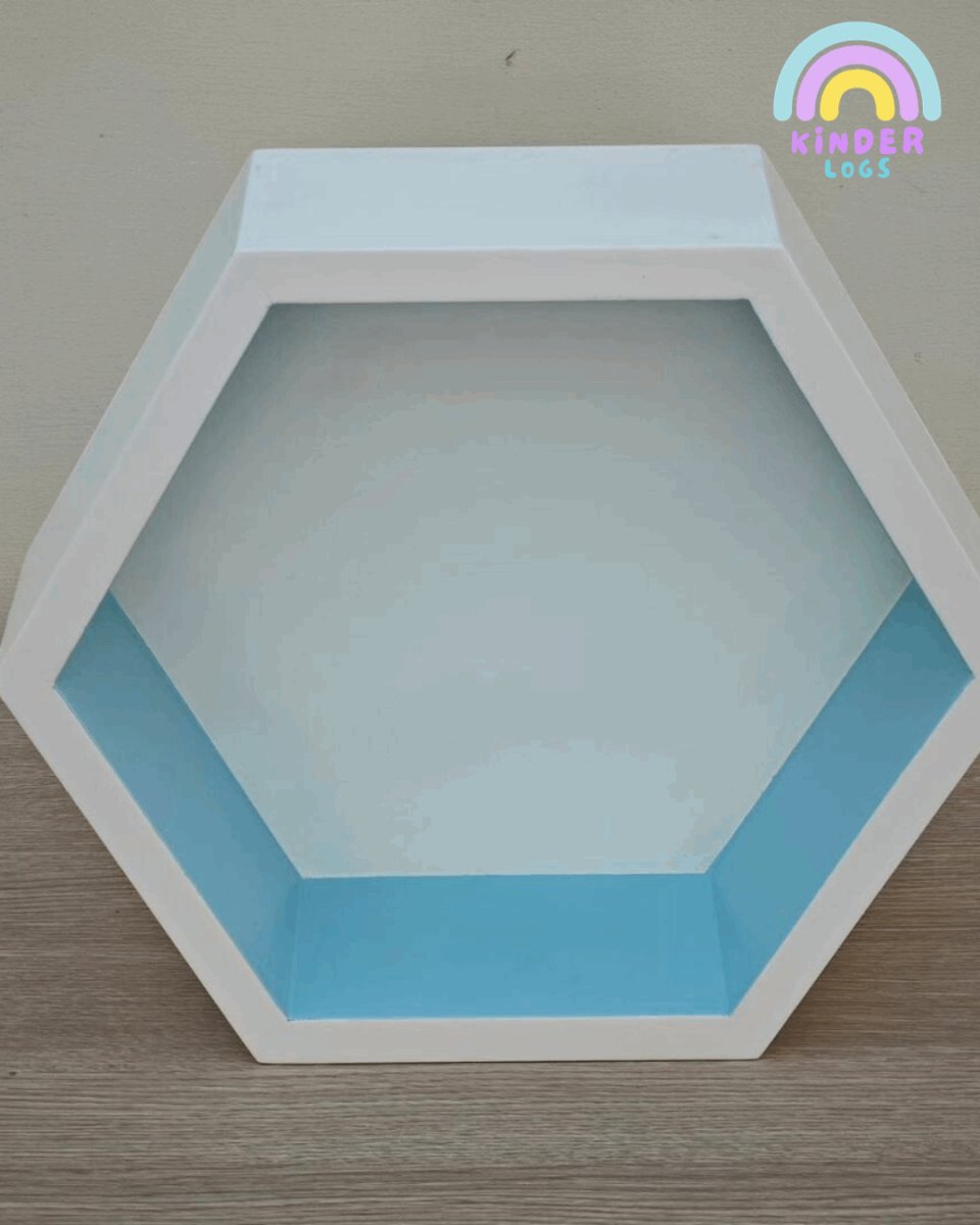 Hexagon Wall - Hanging Shelf - Pastel Blue + White - Kinder Logs