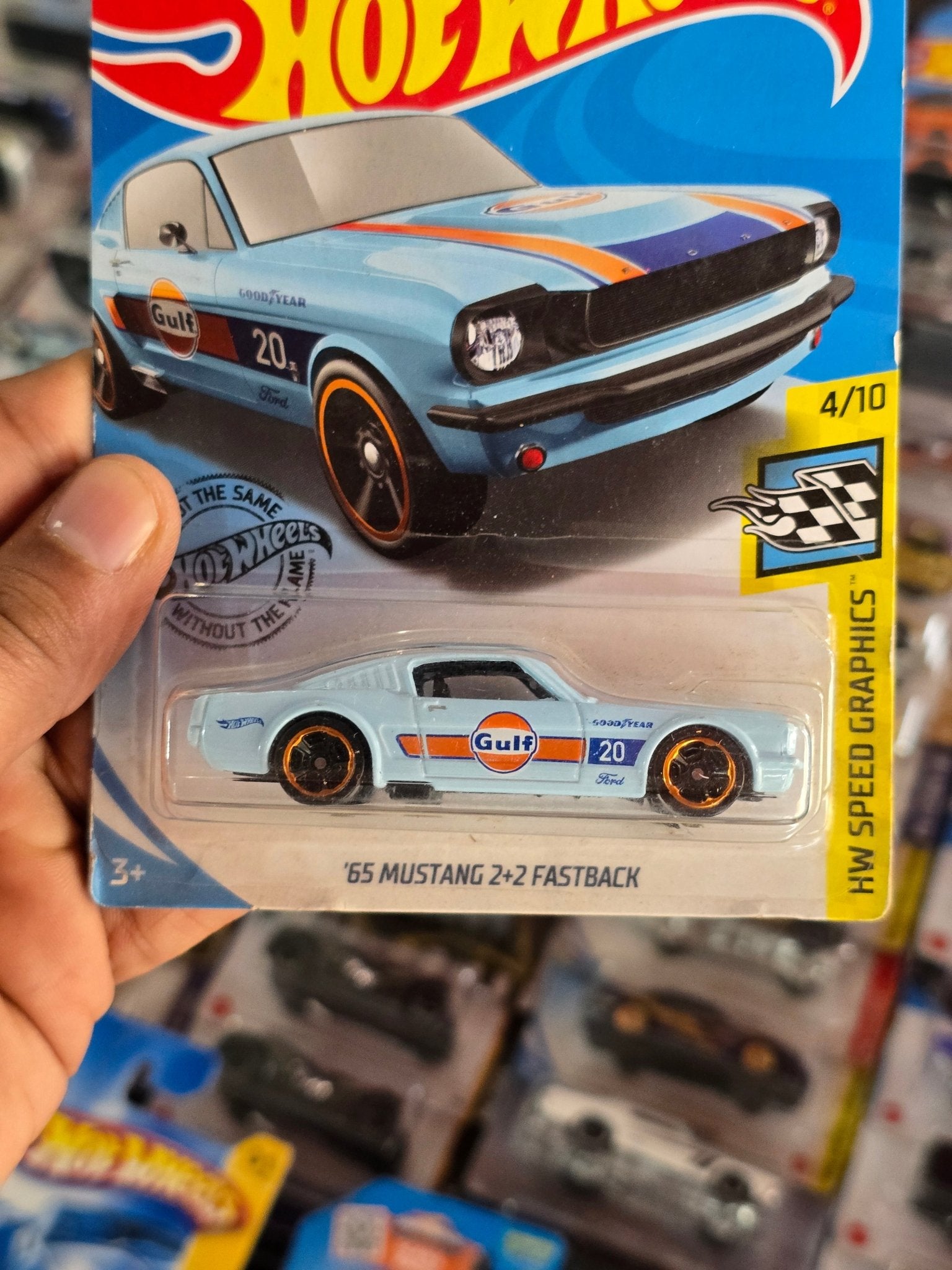 Hot Wheels 1965 Ford Mustang 2+2 Fastback Gulf Edition - 2019 Card - Kinder Logs