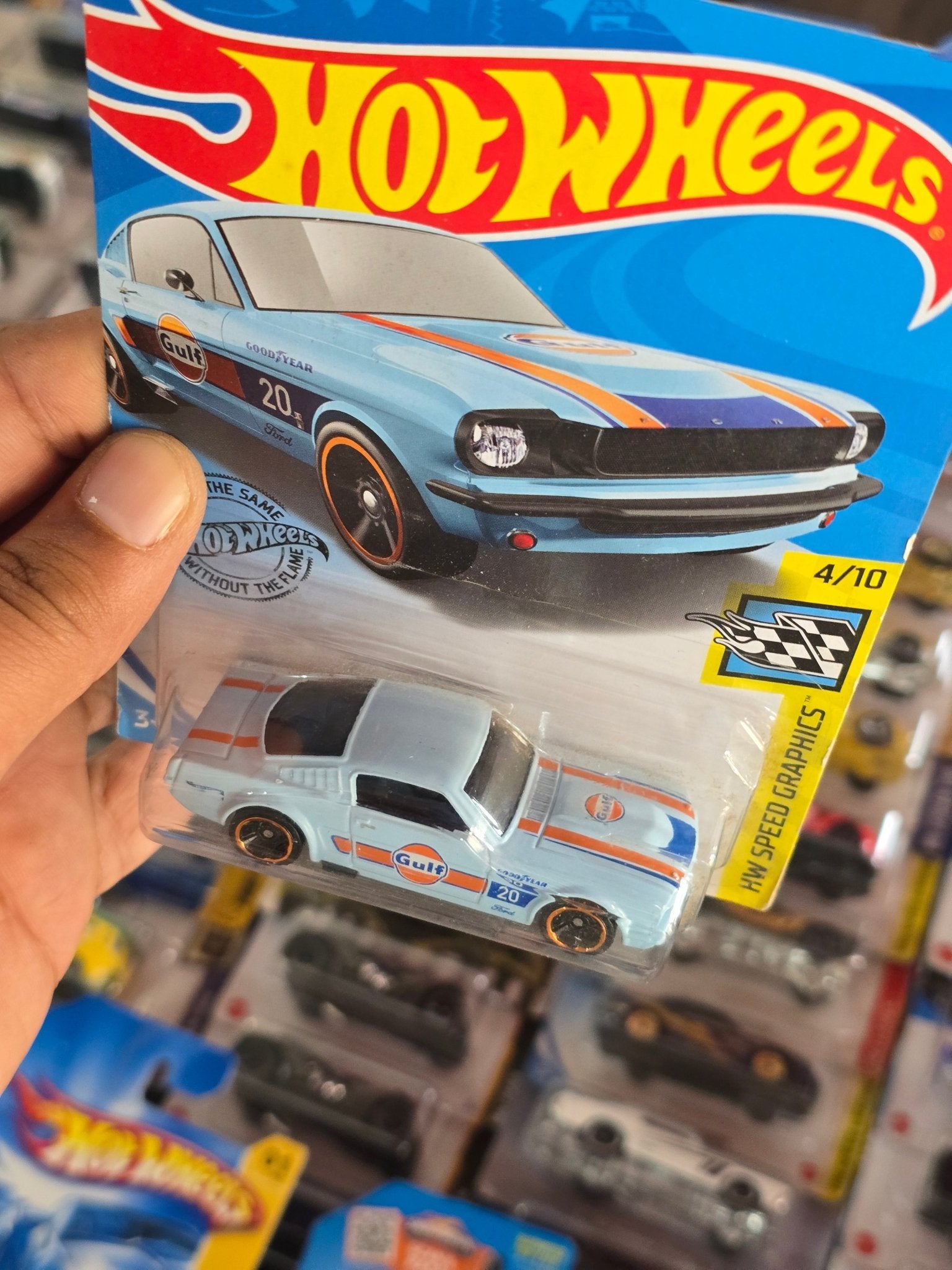Hot Wheels 1965 Ford Mustang 2+2 Fastback Gulf Edition - 2019 Card - Kinder Logs