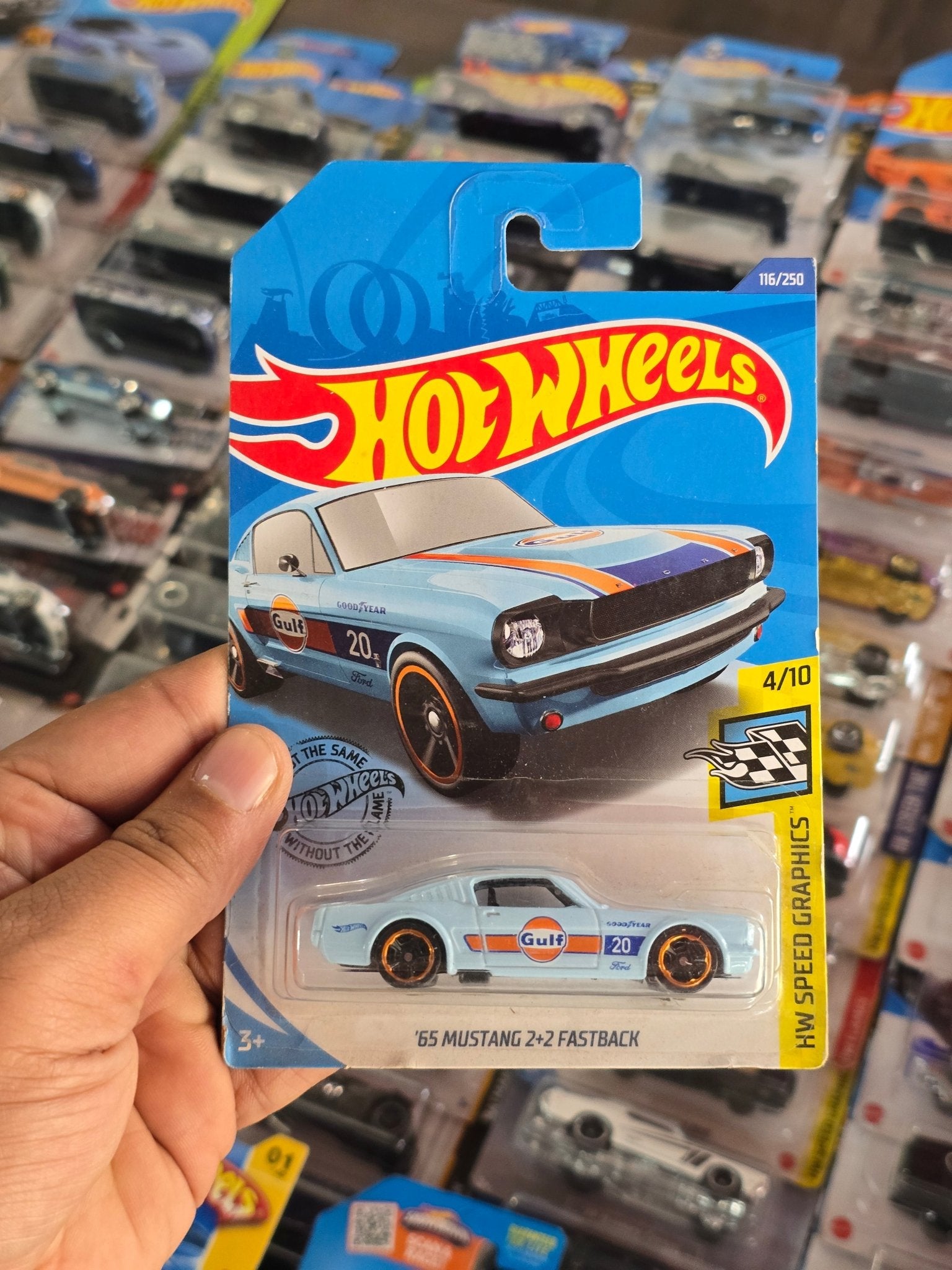 Hot Wheels 1965 Ford Mustang 2+2 Fastback Gulf Edition - 2019 Card - Kinder Logs