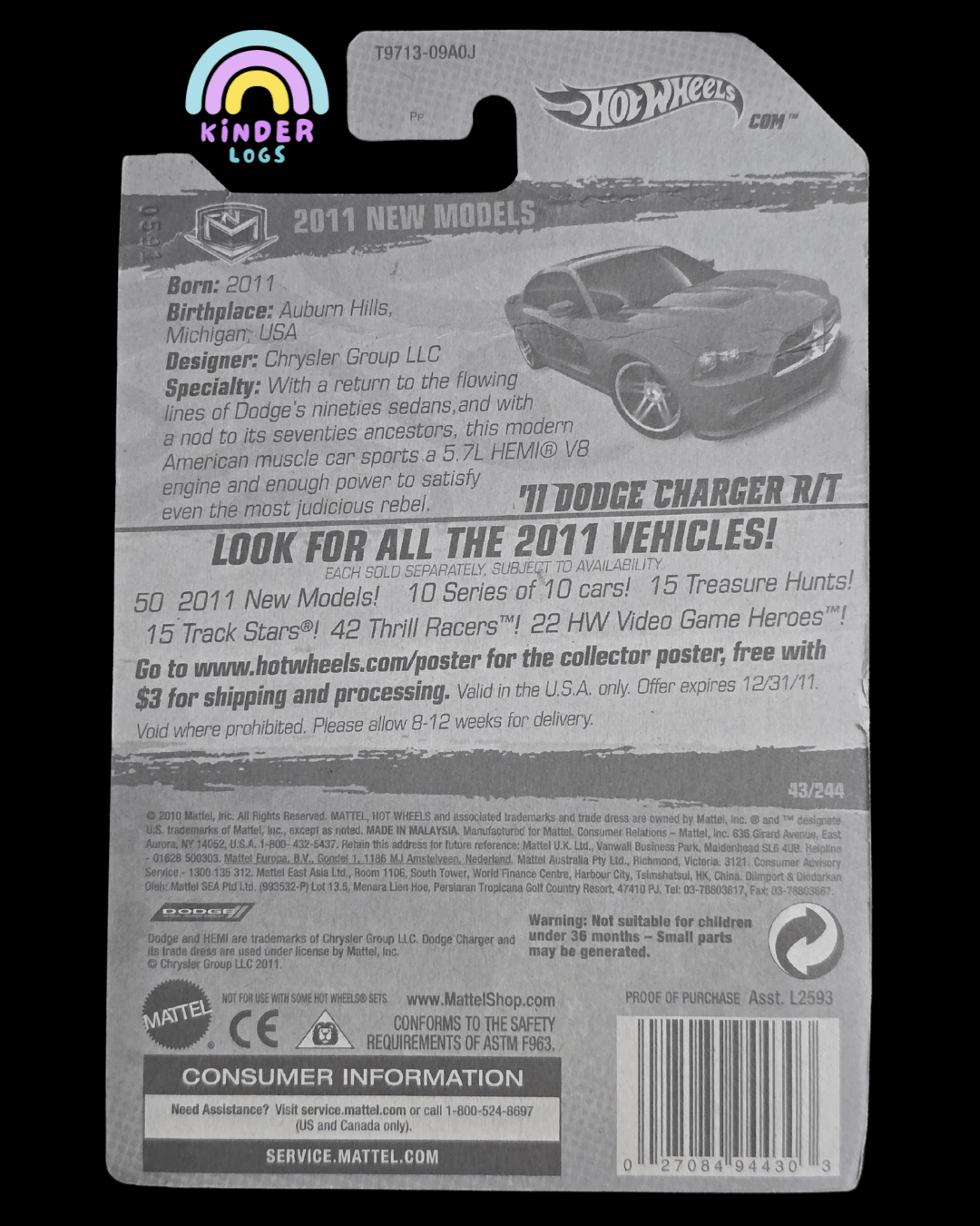 Hot Wheels 2011 Dodge Charger R/T - Red (Imported) - Kinder Logs