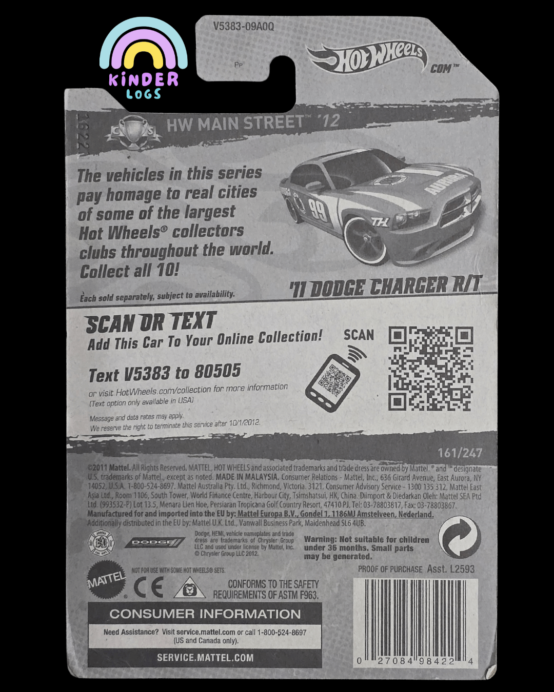 Hot Wheels 2011 Dodge Charger R/T Super Treasure Hunt (STH) - Imported - Kinder Logs