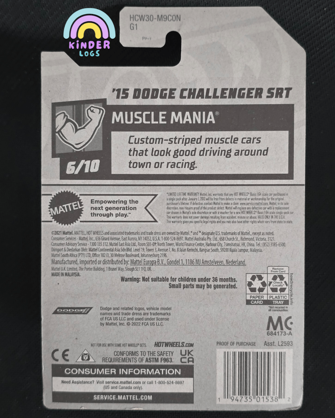 Hot Wheels 2015 Dodge Challenger SRT - Blue (Imported) - Kinder Logs