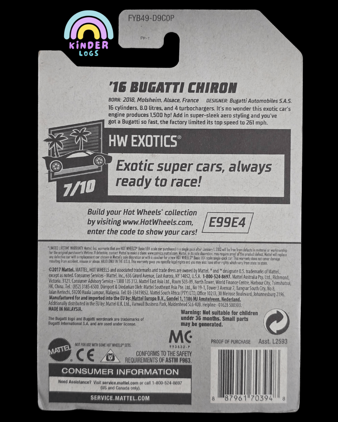 Hot Wheels Bugatti Chiron - Blue (Imported) - Kinder Logs