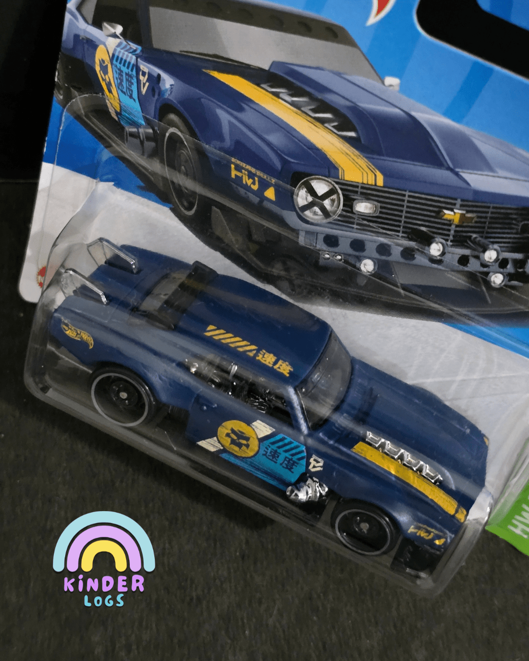 Hot Wheels Custom 1968 Chevrolet Camaro - Blue - Short Card (Imported) - Kinder Logs