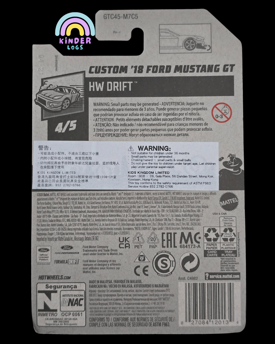 Hot Wheels Custom 2018 Ford Mustang GT - Formula Drift (Imported) - Kinder Logs