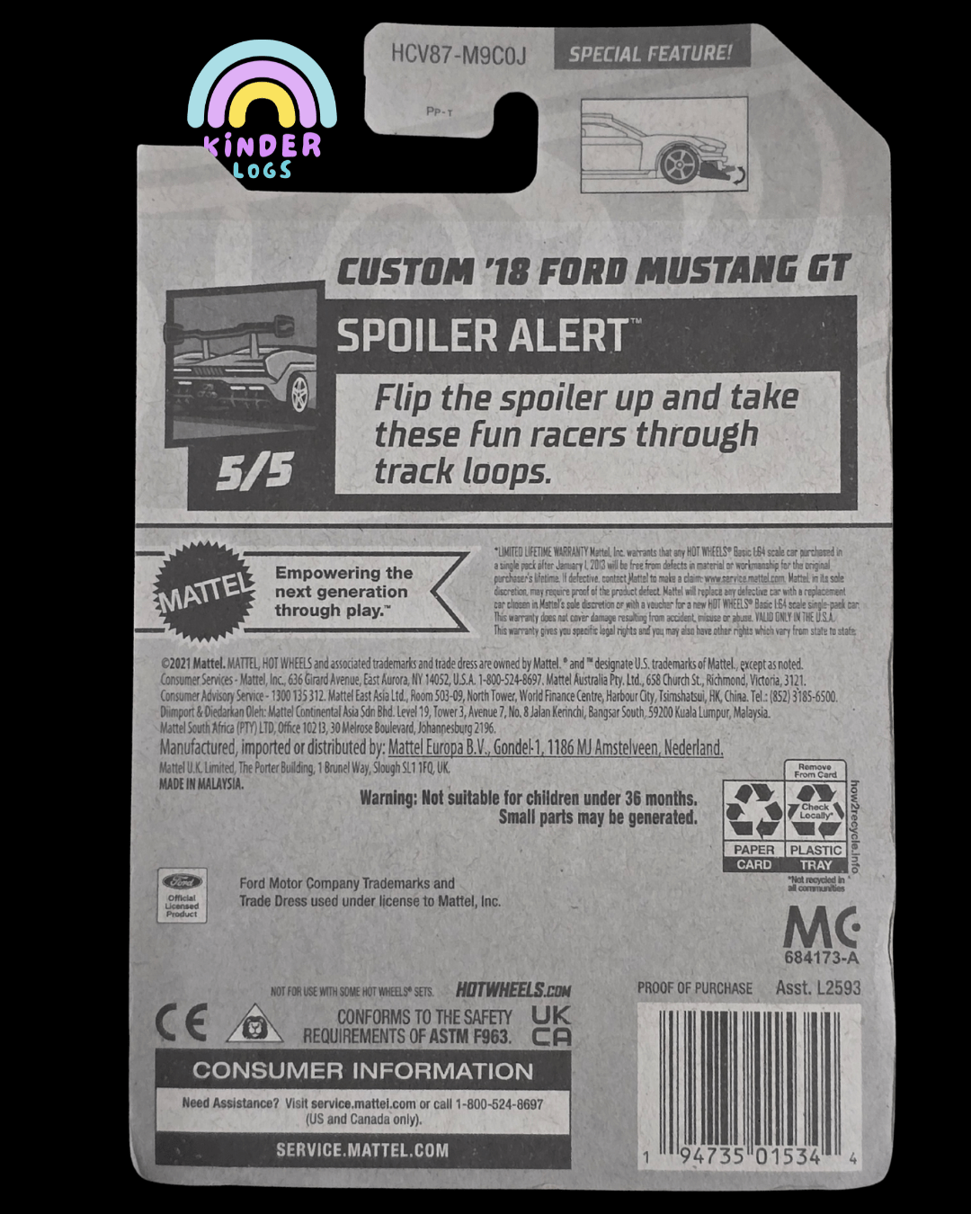 Hot Wheels Custom 2018 Ford Mustang GT - Spoiler Alert (Imported) - Kinder Logs