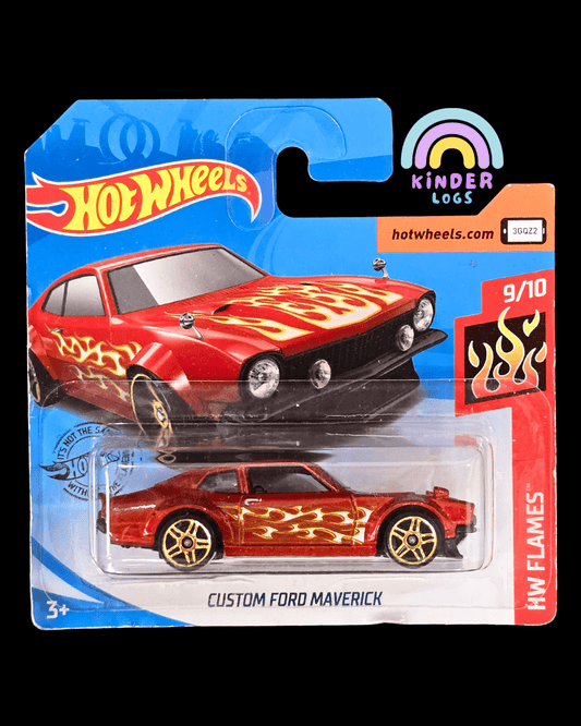 Hot Wheels Custom Ford Maverick - Red With Flames (2018 Short Card) - Kinder Logs