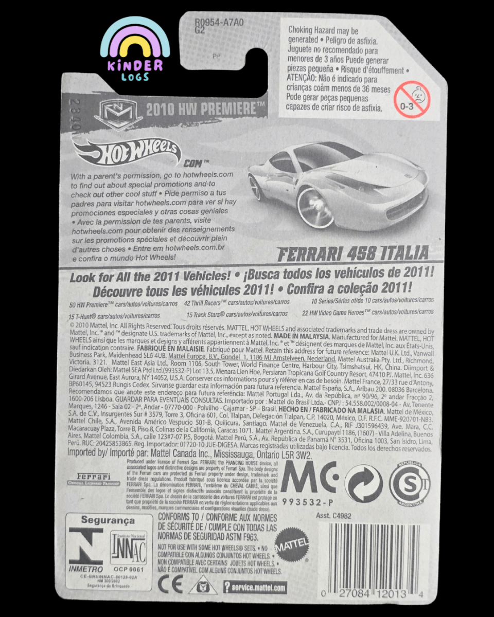 Hot Wheels Ferrari 458 Italia - Yellow (Imported) - Kinder Logs