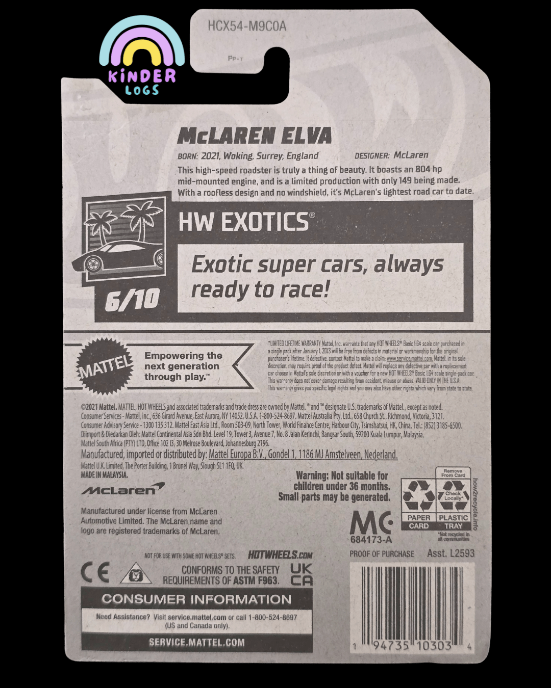Hot Wheels McLaren Elva - Blue (Imported) - Kinder Logs