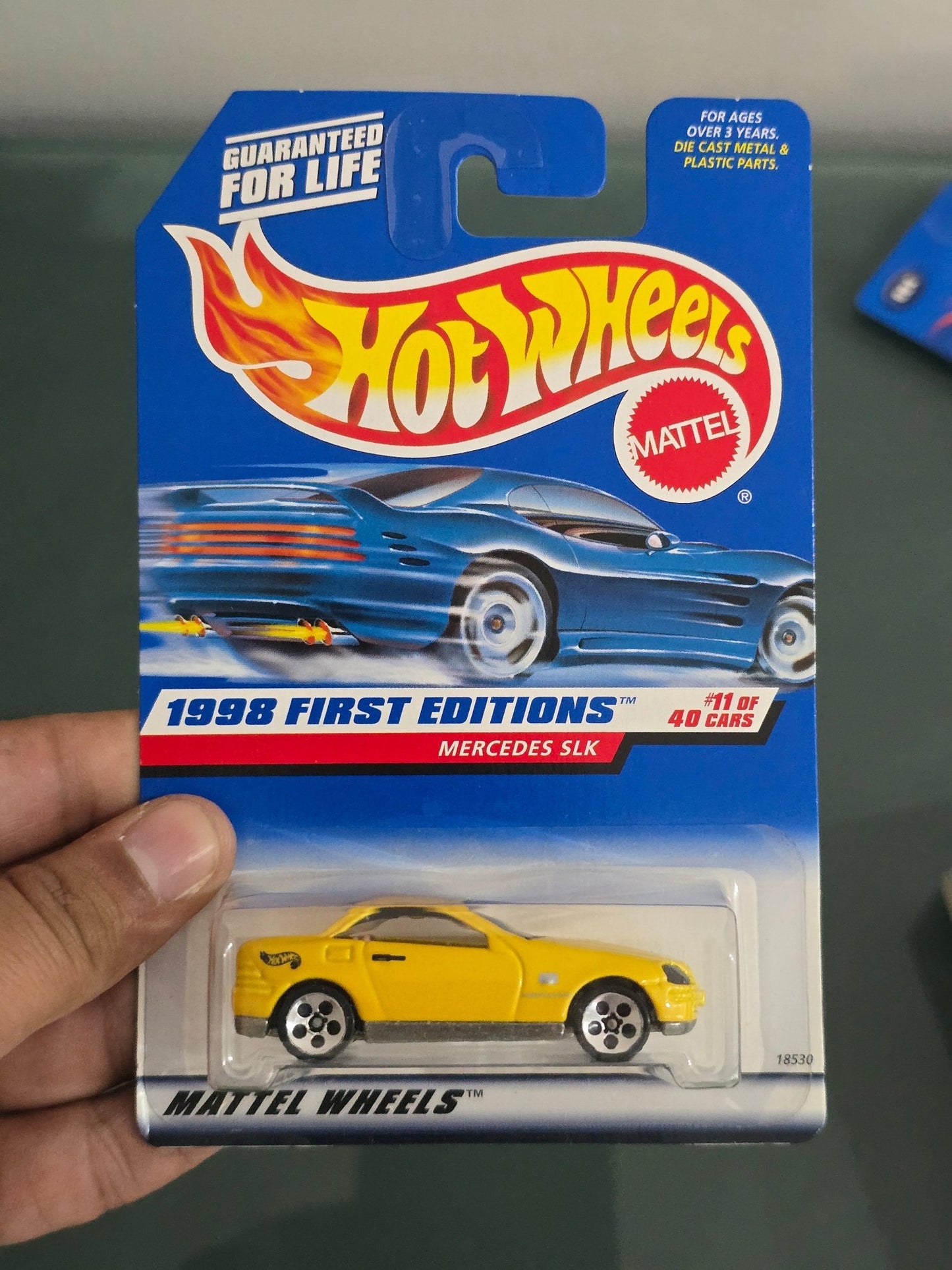 Hot Wheels Mercedes SLK (Yellow) - 1998 First Editions - Kinder Logs