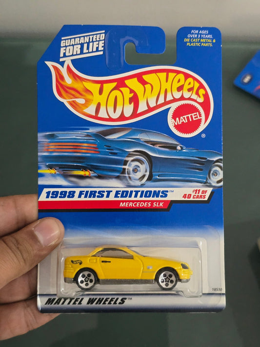 Hot Wheels Mercedes SLK (Yellow) - 1998 First Editions - Kinder Logs