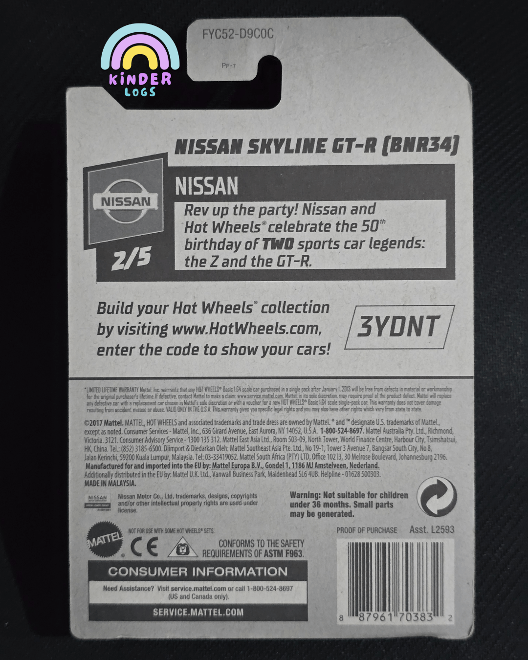 Hot Wheels Nissan Skyline GTR (BNR34) - Metallic Green (Imported) - Kinder Logs