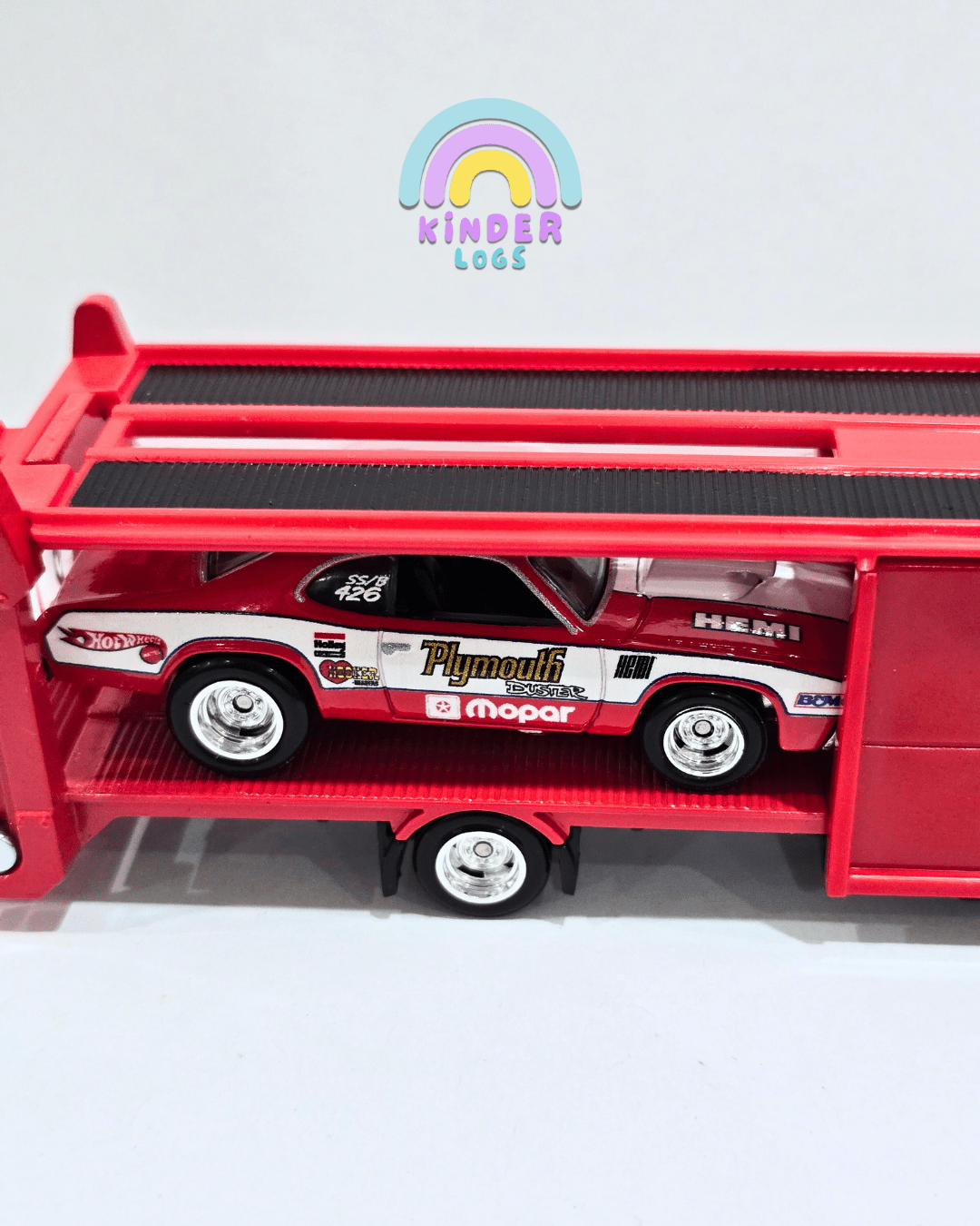 Hot Wheels Team Transport 'Second Story Lorry' & 1973 Plymouth Duster (Uncarded) - Kinder Logs