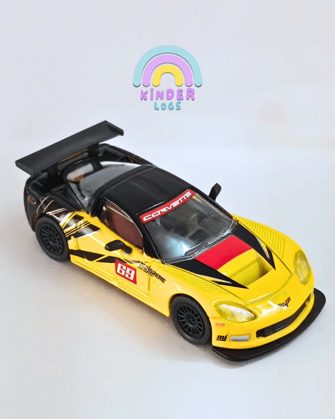 Majorette 2005 Chevrolet Corvette C6R - Yellow - Black (Uncarded - New) - Kinder Logs