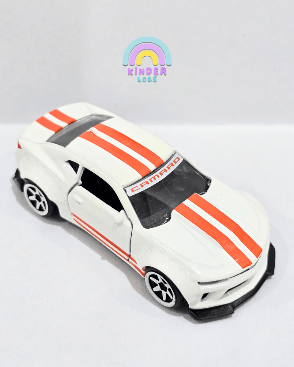 Majorette Chevrolet Camaro - White With Orange Stripes (Uncarded) - Kinder Logs