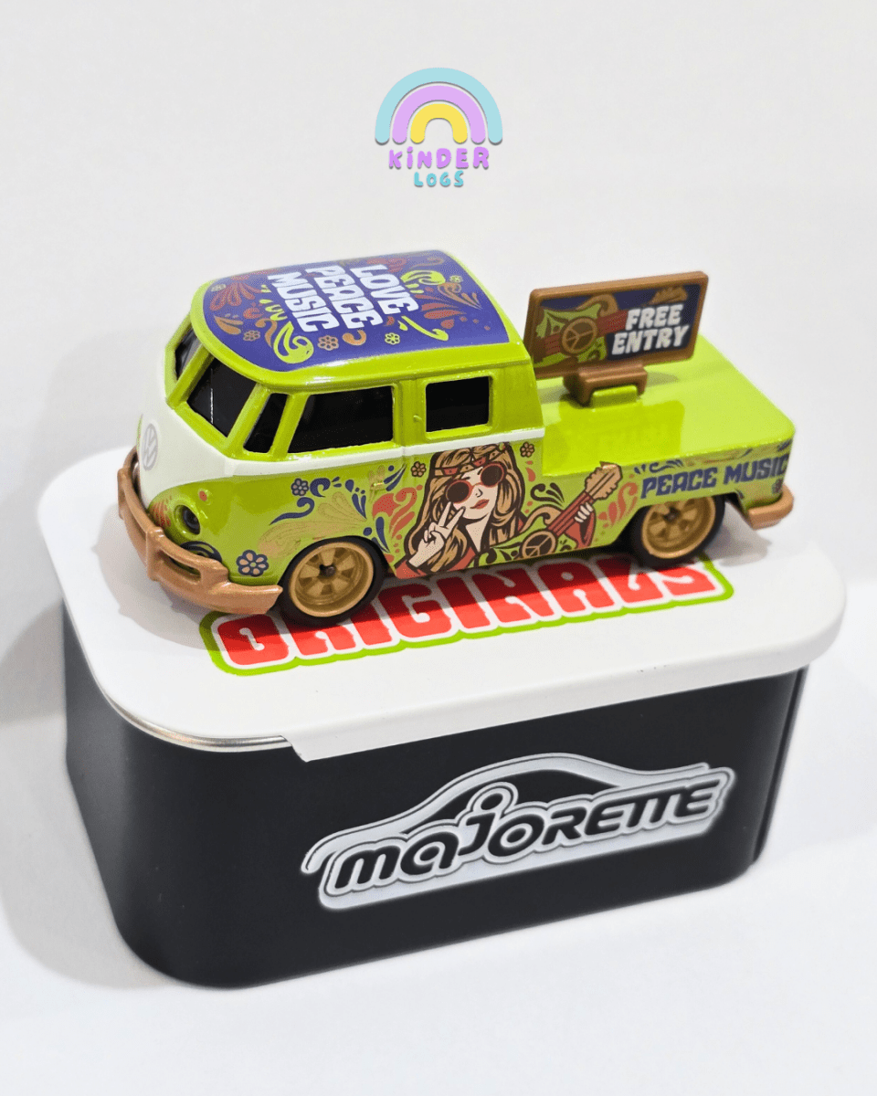 Majorette Volkswagen T1 Bus - 'Love Peace Music' - With Metal Box (Uncarded) - Kinder Logs