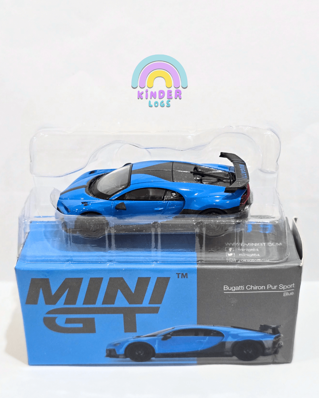 Mini GT Bugatti Chiron Pur Sport (Blue) - Damaged Box - Kinder Logs