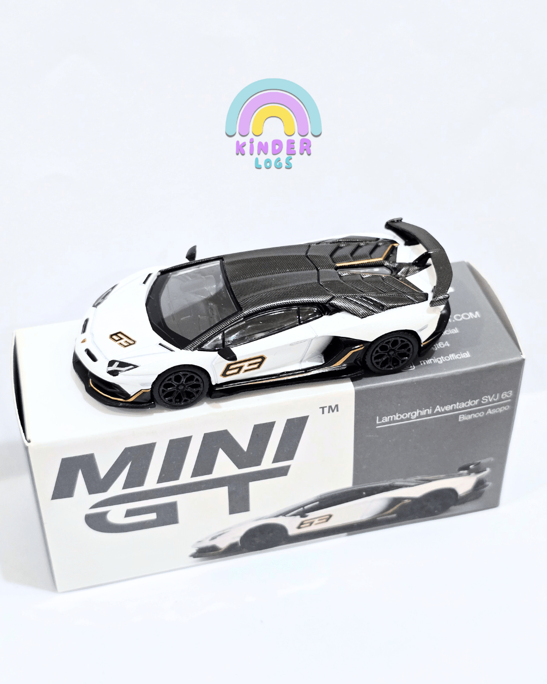 Mini GT Lamborghini Aventador SVJ 63 - Bianco Asopo (Open Box) - Kinder Logs
