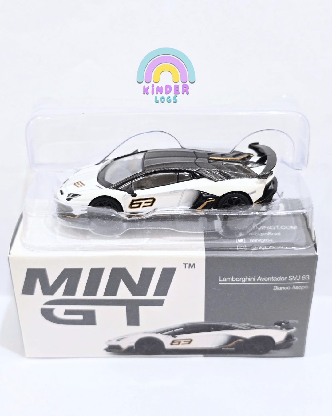 Mini GT Lamborghini Aventador SVJ 63 - Bianco Asopo (Open Box) - Kinder Logs