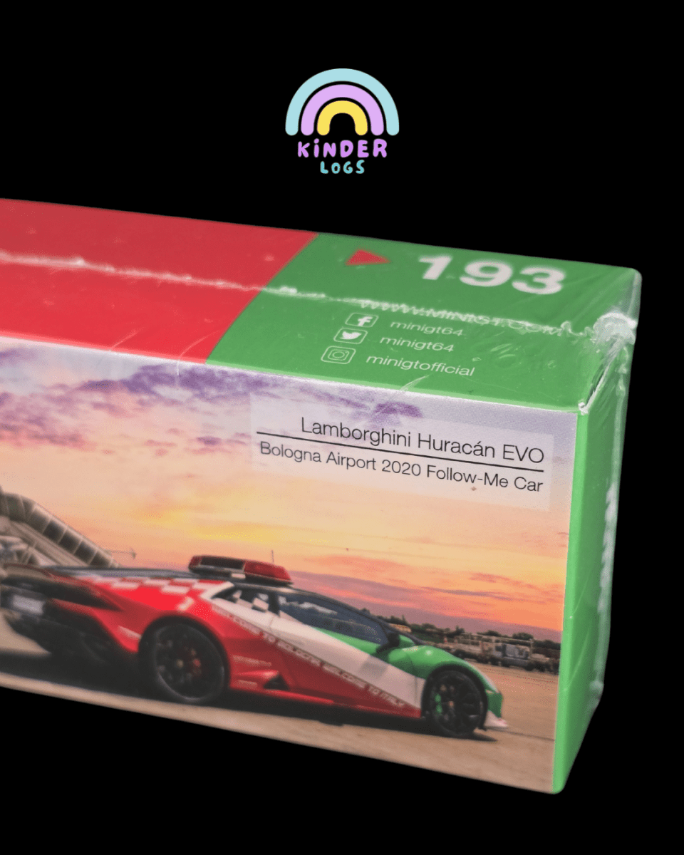 Mini GT Lamborghini Huracan EVO Bologna Airport 2020 Follow - Me Car (193) - Kinder Logs