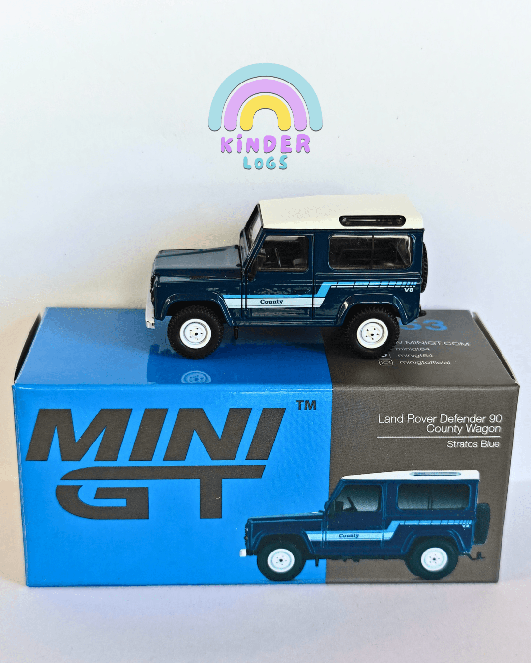 Mini GT Land Rover Defender 90 County Wagon - Stratos Blue (Open Box) - Kinder Logs