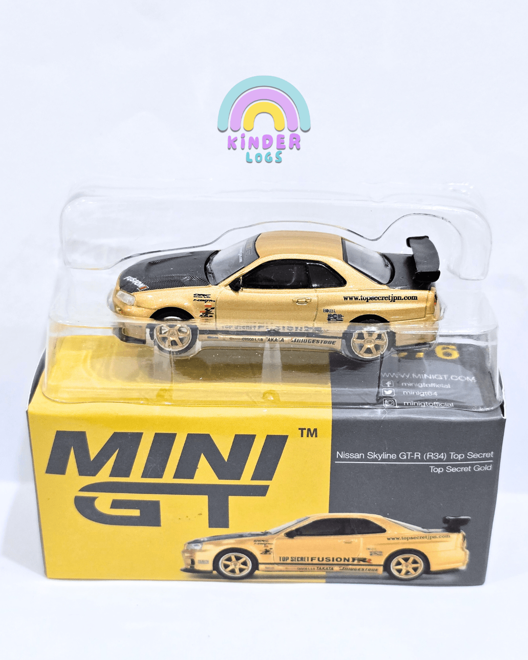 Mini GT Nissan Skyline GT - R (R34) Top Secret Gold - Open Box - Kinder Logs
