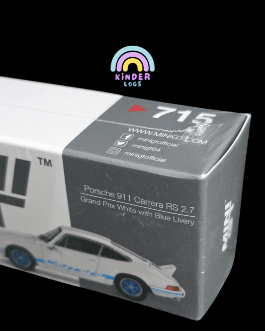 Mini GT Porsche 911 Carrera RS 2.7 Grand Prix White With Blue Livery - Kinder Logs