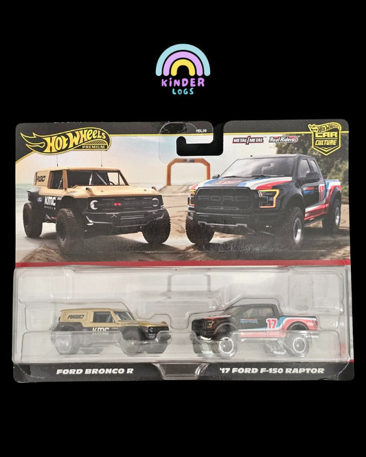 Premium Hot Wheels Duo Pack - Ford Bronco R, 2017 Ford F - 150 Raptor - Kinder Logs