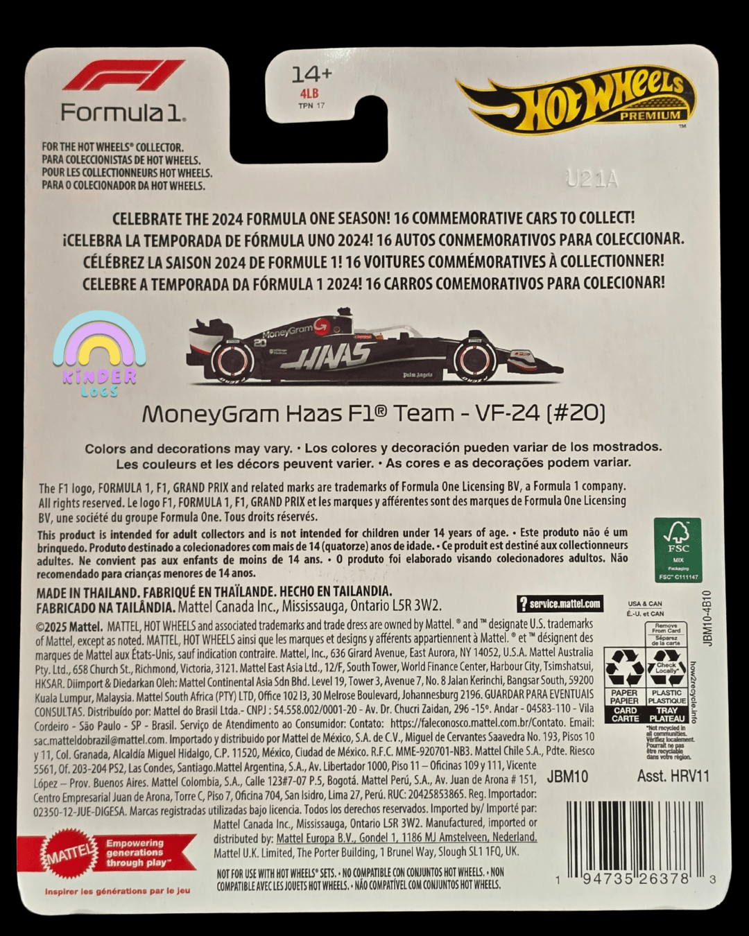 Premium Hot Wheels MoneyGram Haas F1 Team - VF - 24 (20) - Imported - Kinder Logs