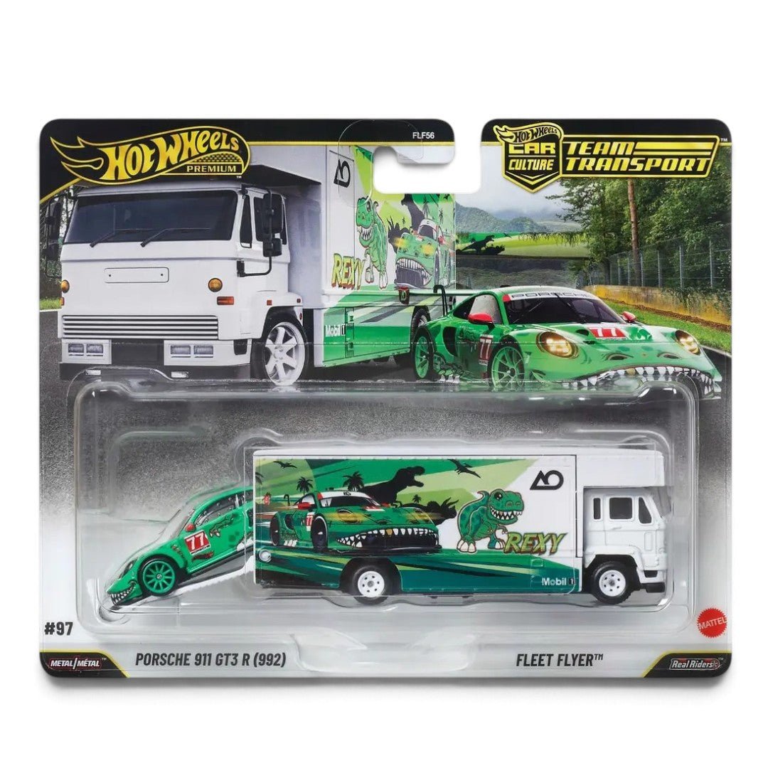 Premium Hot Wheels Rexy Team Transport - Porsche 911 GT3 R (992) & Fleet Flyer - Kinder Logs