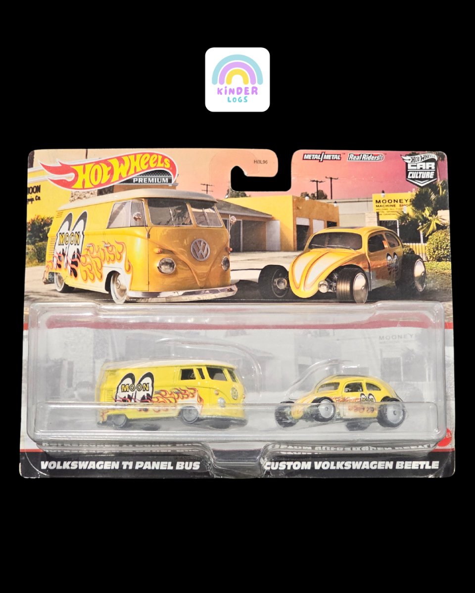 Premium Hot Wheels Volkswagen Set - T1 Panel Bus And Custom Beetle - Kinder Logs