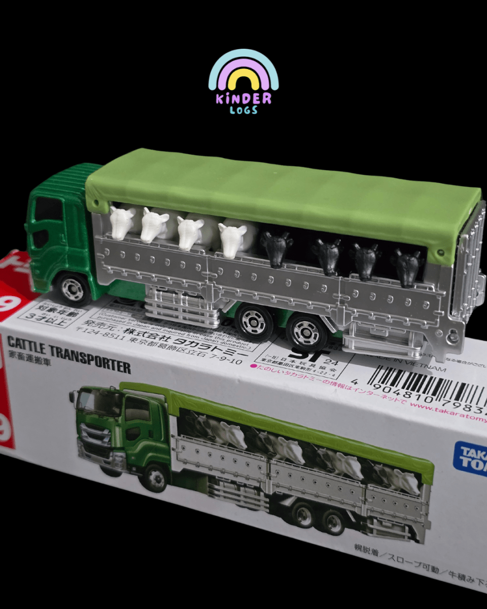 Tomica Cow Truck - Cattle Transporter With 8 Cows - Open Box - Kinder Logs