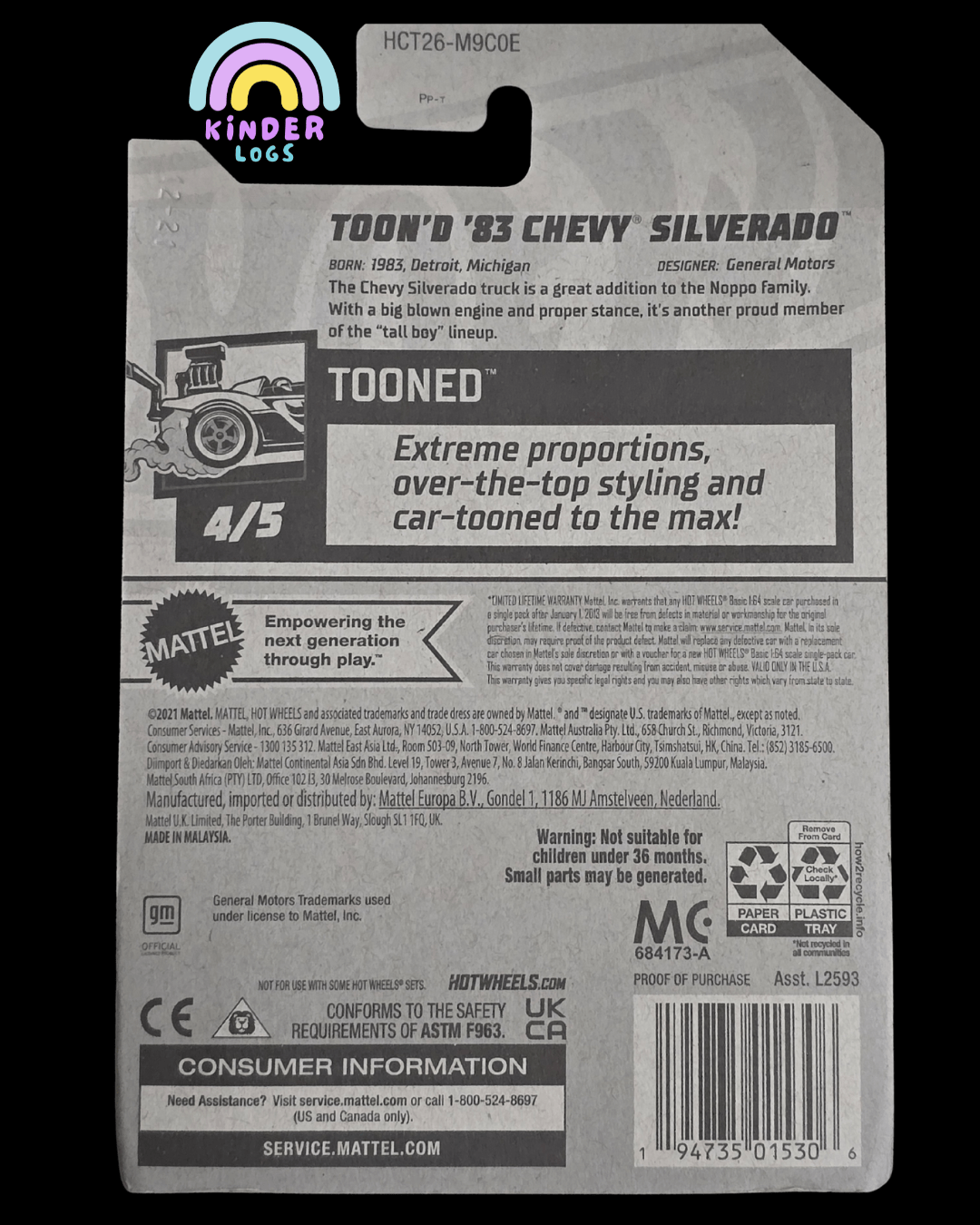 Tooned Hot Wheels 1983 Chevy Silverado - Blue (Imported) - Kinder Logs