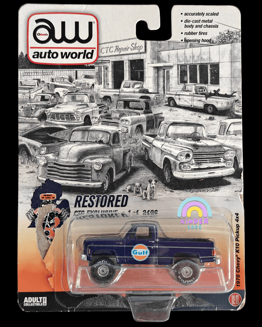 Auto World 1978 Chevy K10 Pickup 4x4 Gulf Edition (Open Blister) - Kinder Logs