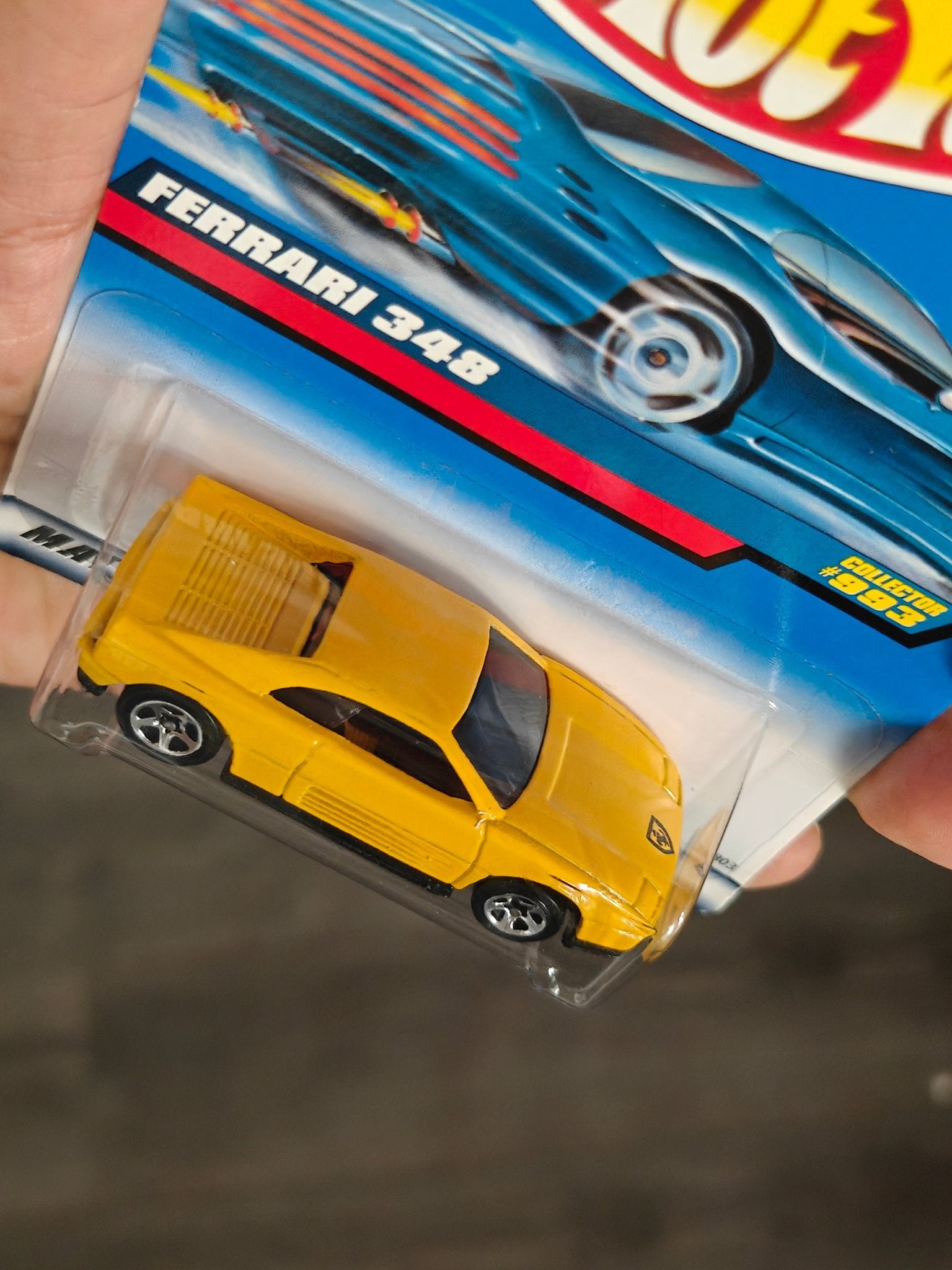 Blue Card Hot Wheels Ferrari 348 Collector 993 - Yellow (Imported) - Kinder Logs