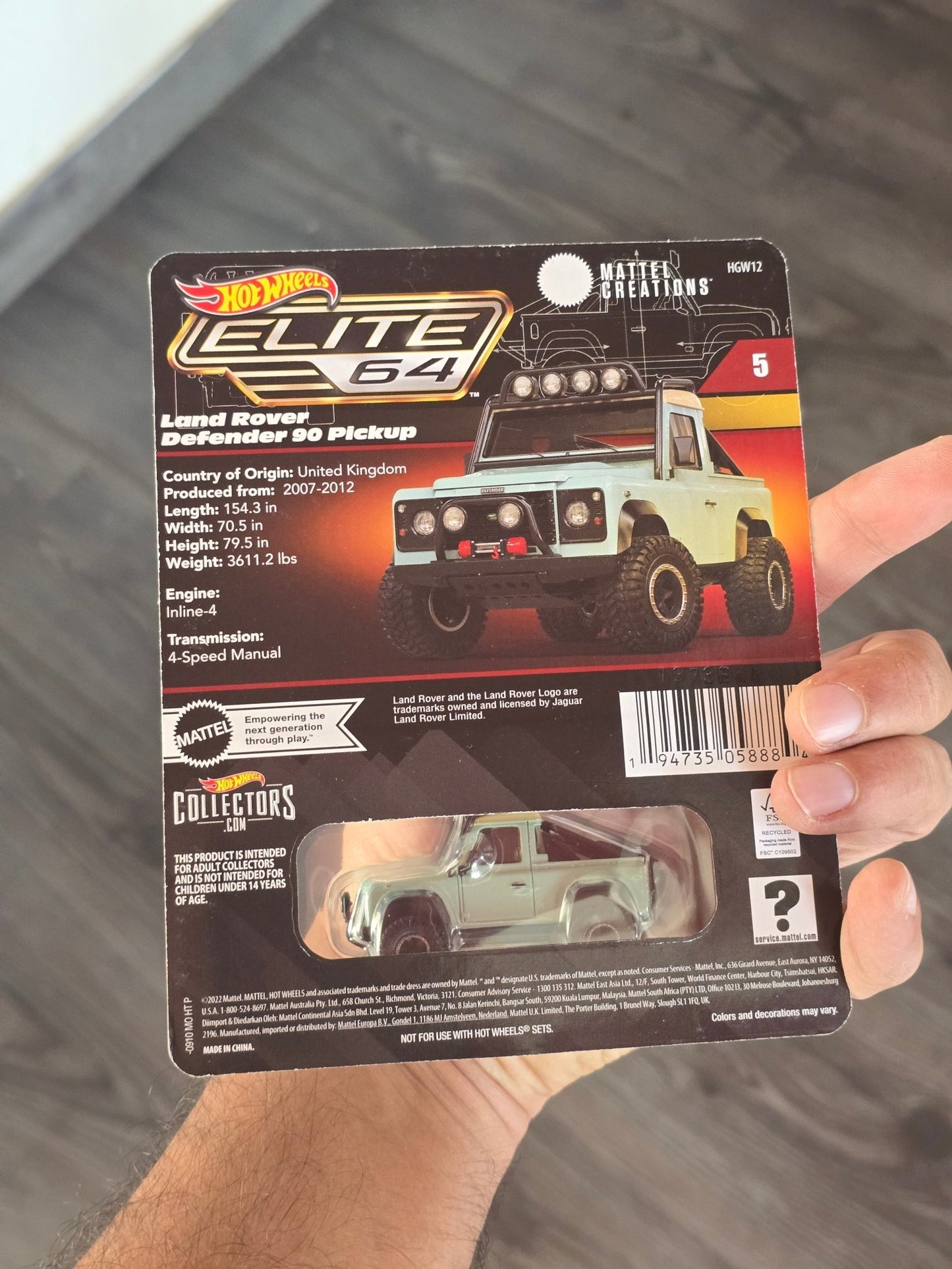Elite64 Hot Wheels Land Rover Defender 90 Pickup - Green (Rare) - Kinder Logs