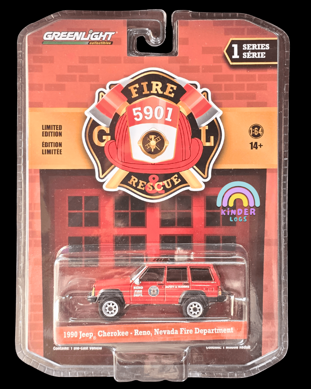 Greenlight 1990 Jeep Cherokee - Reno, Nevada Fire Department (Sealed Pack) - Kinder Logs