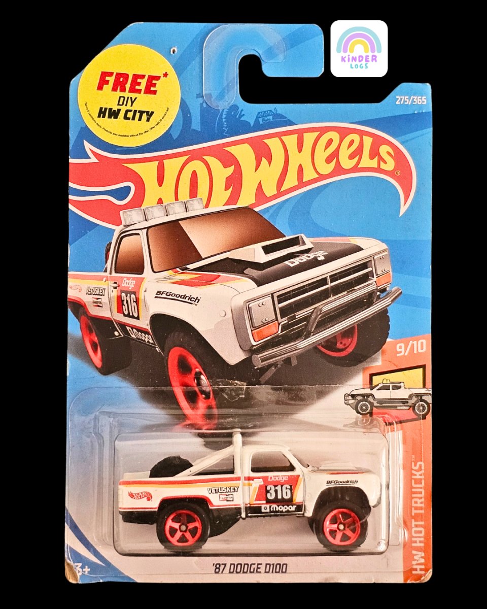 Hot Wheels 1987 Dodge D100 - White Color - Kinder Logs