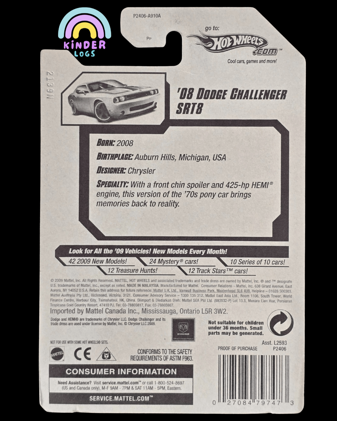 Hot Wheels 2008 Dodge Challenger SRT8 (2009 Imported Card) - Kinder Logs