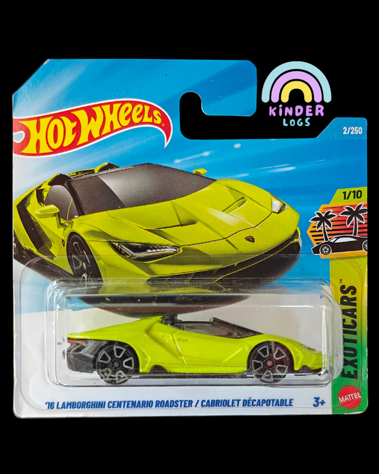 Hot Wheels 2016 Lamborghini Centenario Roadster - Neon Green (Imported - Short Card) - Kinder Logs
