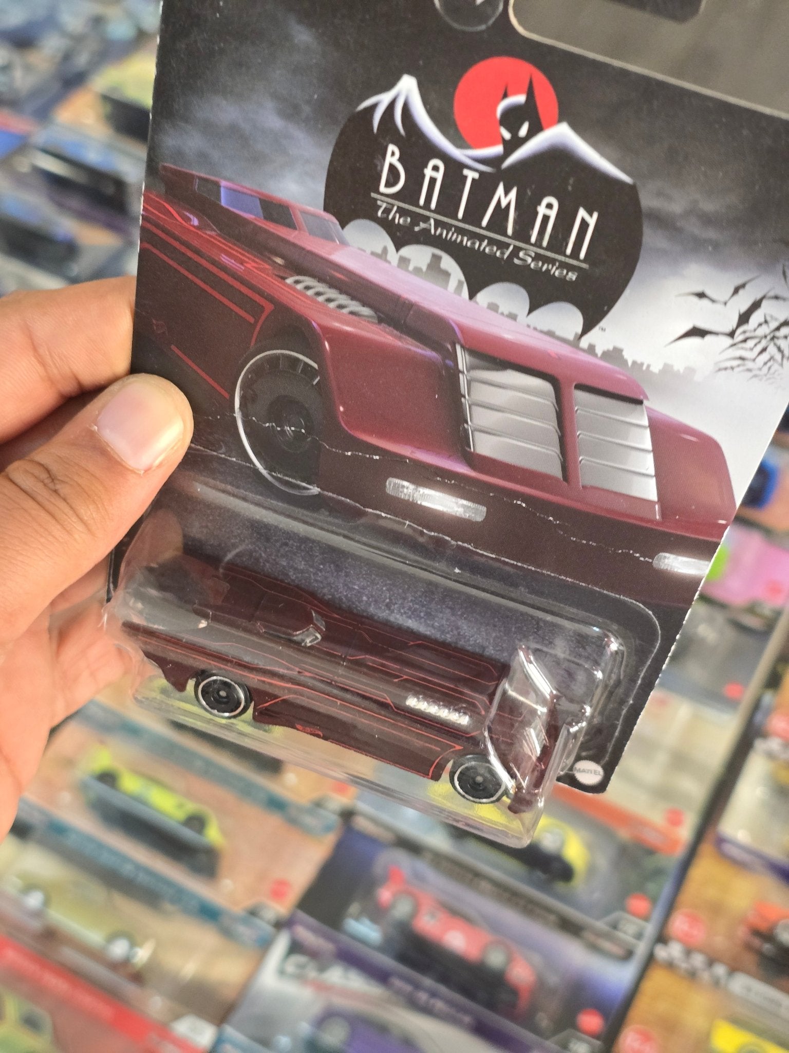 Hot Wheels Animated Batman Batmobile (Maroon) - Creased Card (Imported) - Kinder Logs