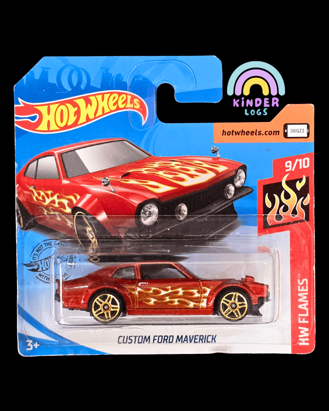 Hot Wheels Custom Ford Maverick - Red With Flames (2018 Short Card) - Kinder Logs