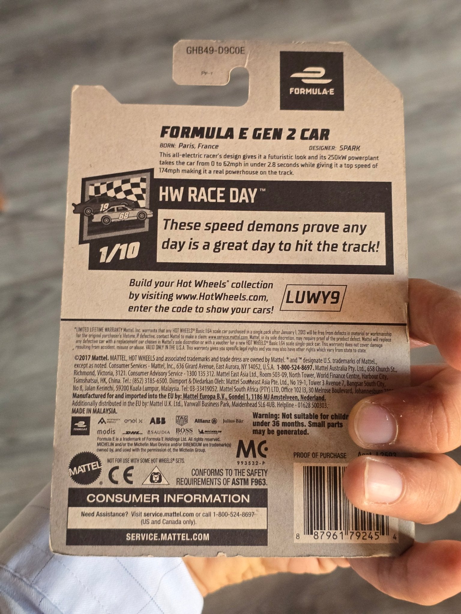 Hot Wheels Formula E Gen 2 Car - Black (2017 Imported) - Kinder Logs