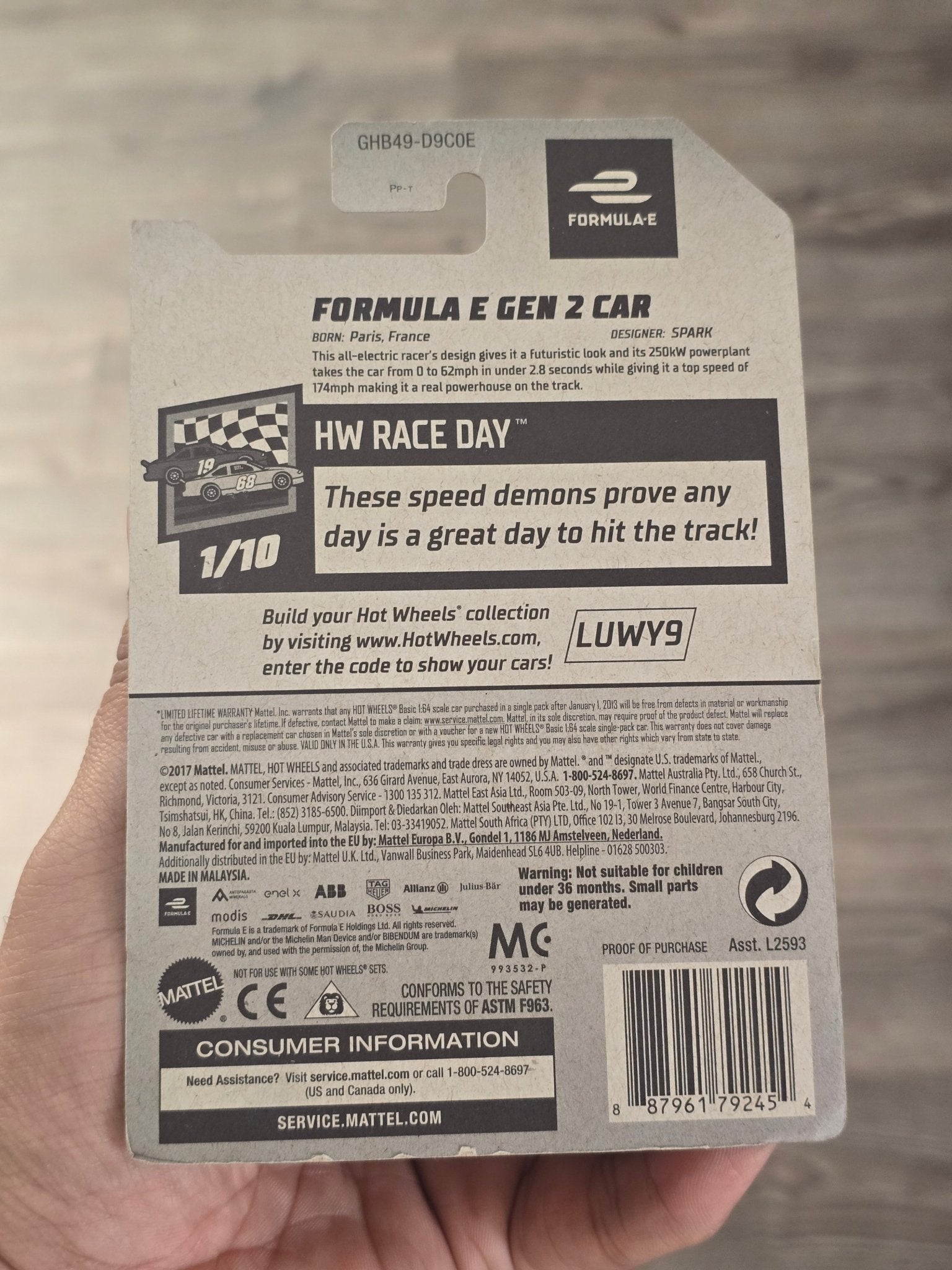 Hot Wheels Formula E Gen 2 Car - Black (2017 Imported) - Kinder Logs